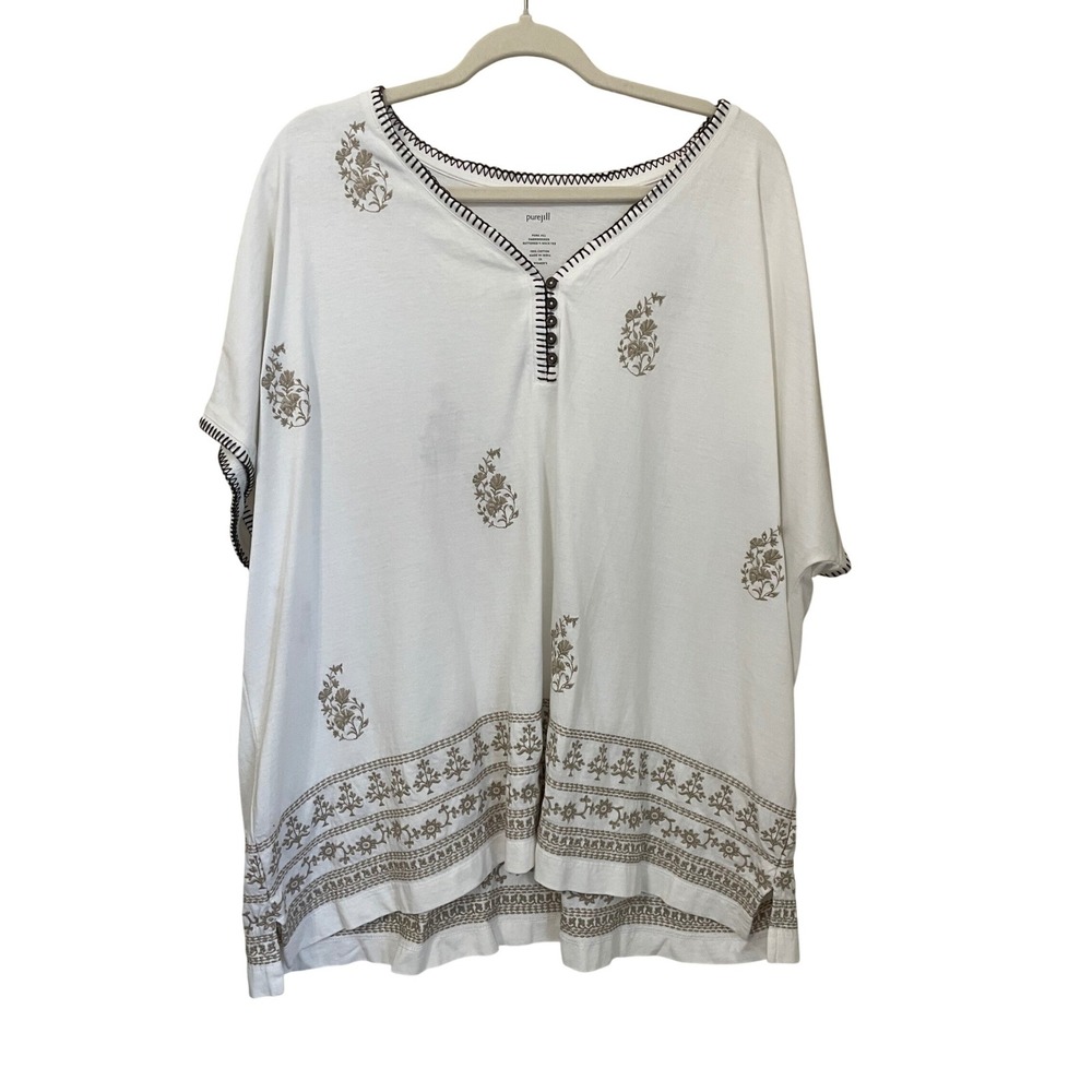 J.Jill Size 2X Embroidered Buttoned V-Neck Tee White Brown Floral Paisley NWT‎
